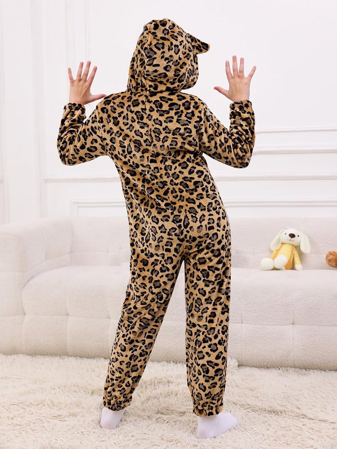 rrhss Girls Leopard Fleece Onesie Pajamas Kids Cute Ear Hood Zip Up Sleepwear Jumpsuit 5-14 Years