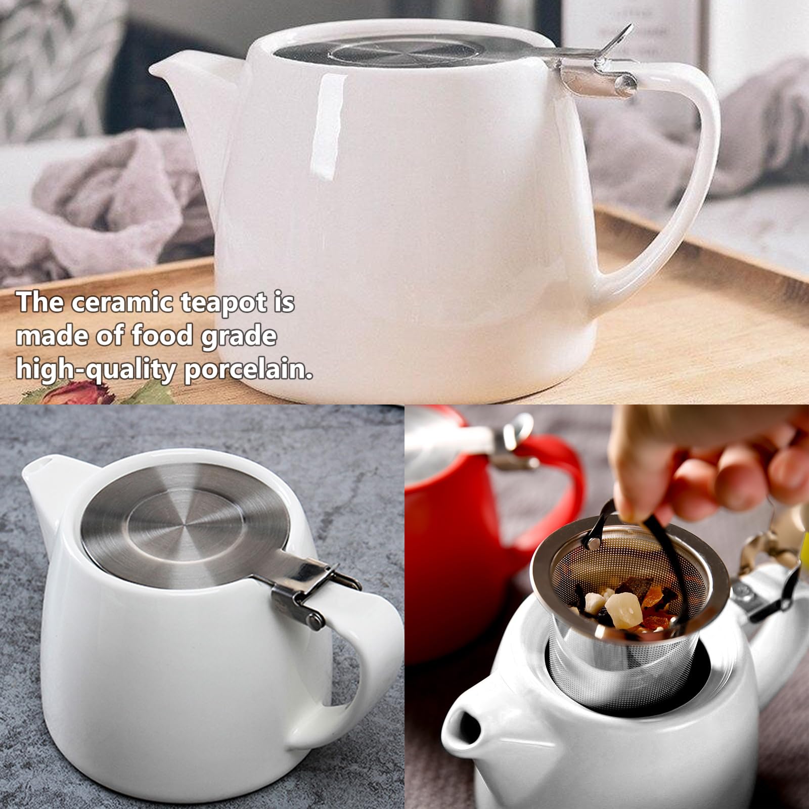 Vegena Teekanne mit Siebeinsatz, 500ML Teekanne Keramik mit Herausnehmbarem Edelstahl-Teesieb, Teapot Ceramic, Edelstahl Feinmaschiger Infuser Teekanne Porzellan für Längeren Teegenuss