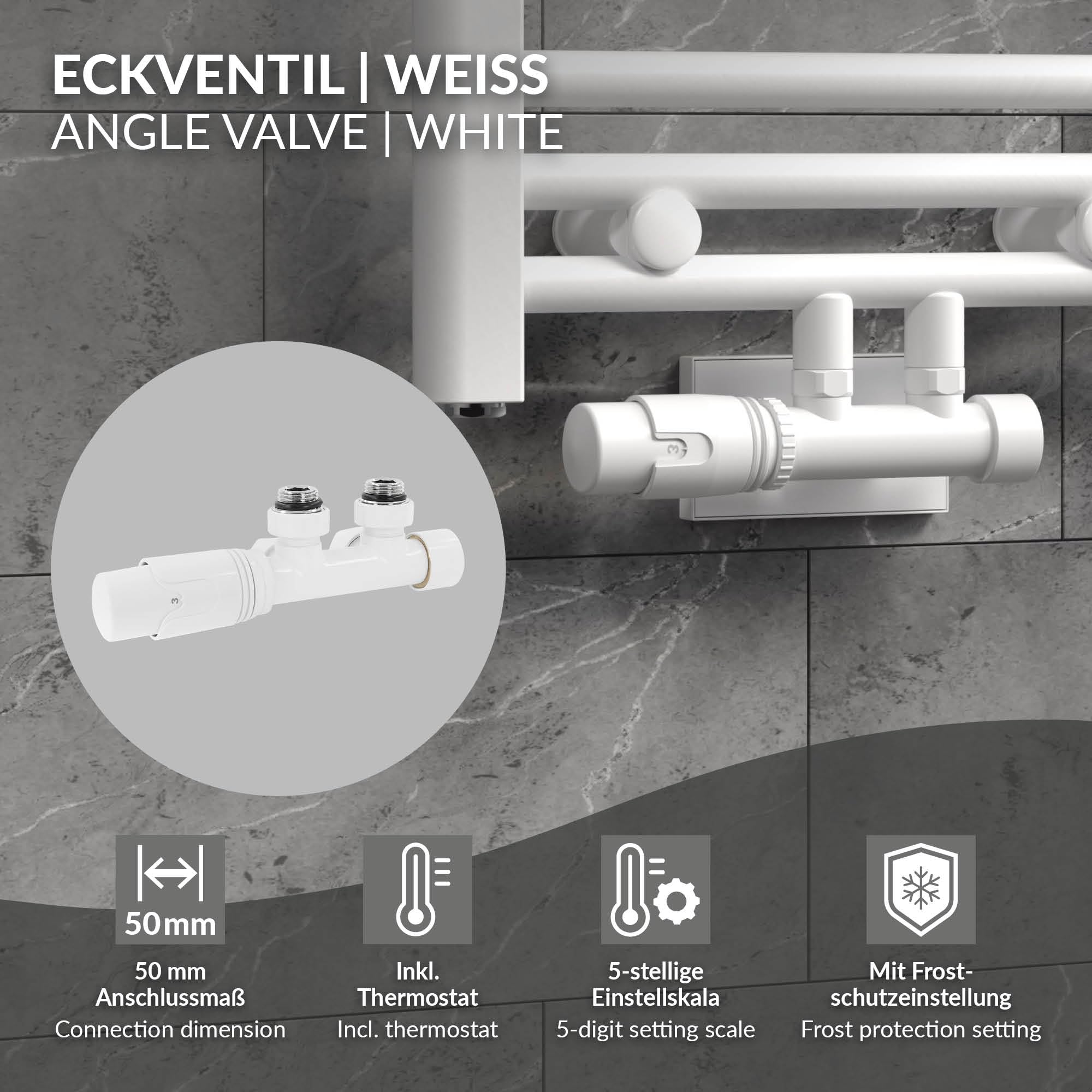 ECD Germany Valvola Termostatica Radiatore Set di Collegamento Termostato per Termosifoni e Scaldasalviette 50mm Bianco Collegamento Centrale a Muro Testa Termostatica Rubinetto Valvola per Radiatori