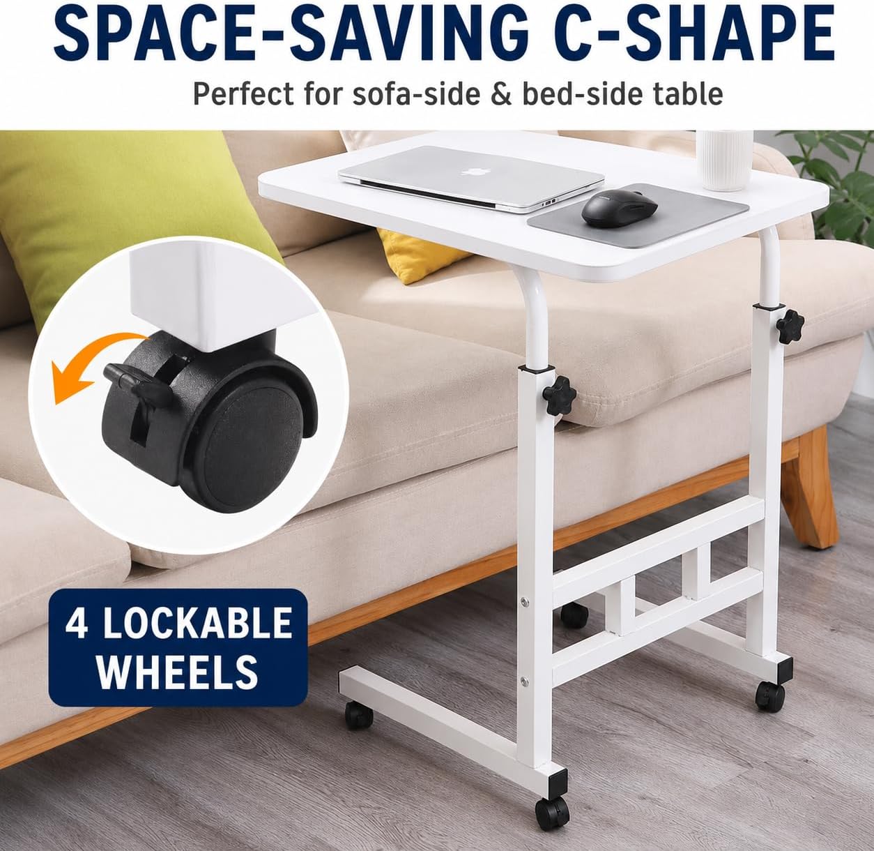 Japard Small Desk on Wheels, C-Shaped TV Tray for Bed Sofa, 66 lbs (White)