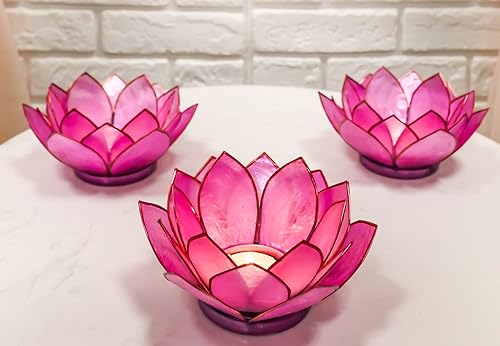 Miniatura 8 de Ebros Gift Paquete de 3 velas votivas hechas a mano Capiz Seashells Auspicious Lotus Flower Coral Pink Votive Tea Light Candelabro Esculturas 18