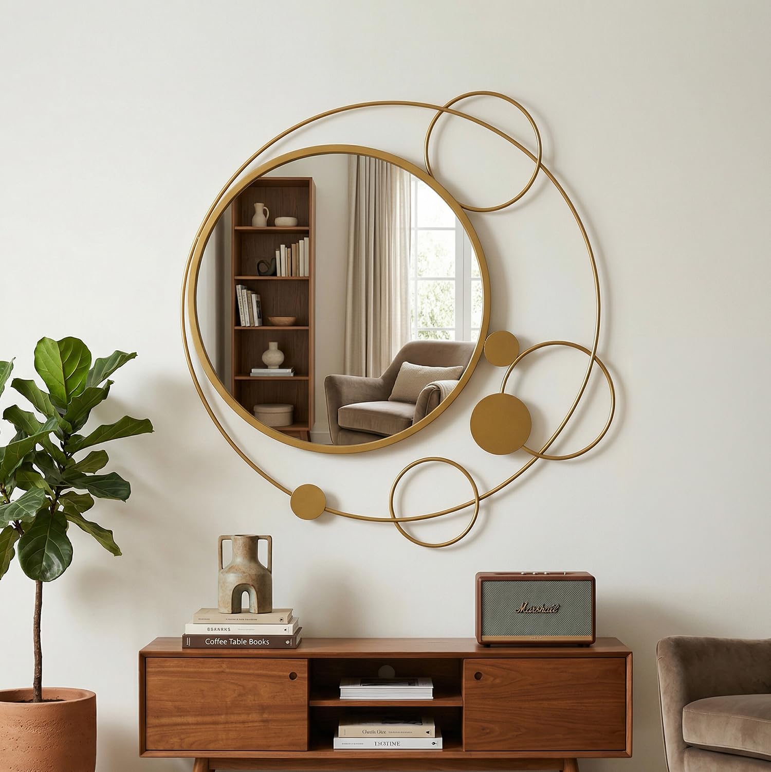 Wakefit Decorative Round Wall Mirror - 36 Inch | Metal Frame Wall Mirror for Living Room Bedroom Entryway Dressing Room Modern Home Decor & Gifting | Cirra Gold - 35x35x2 Inch-image-38