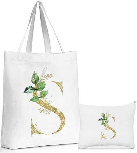 Miniatura 1 de Reginary Bolsa de lona con inicial con cremallera, botánico verde para mujeres, damas de honor, profesores, bolsa de maquillaje cosmética