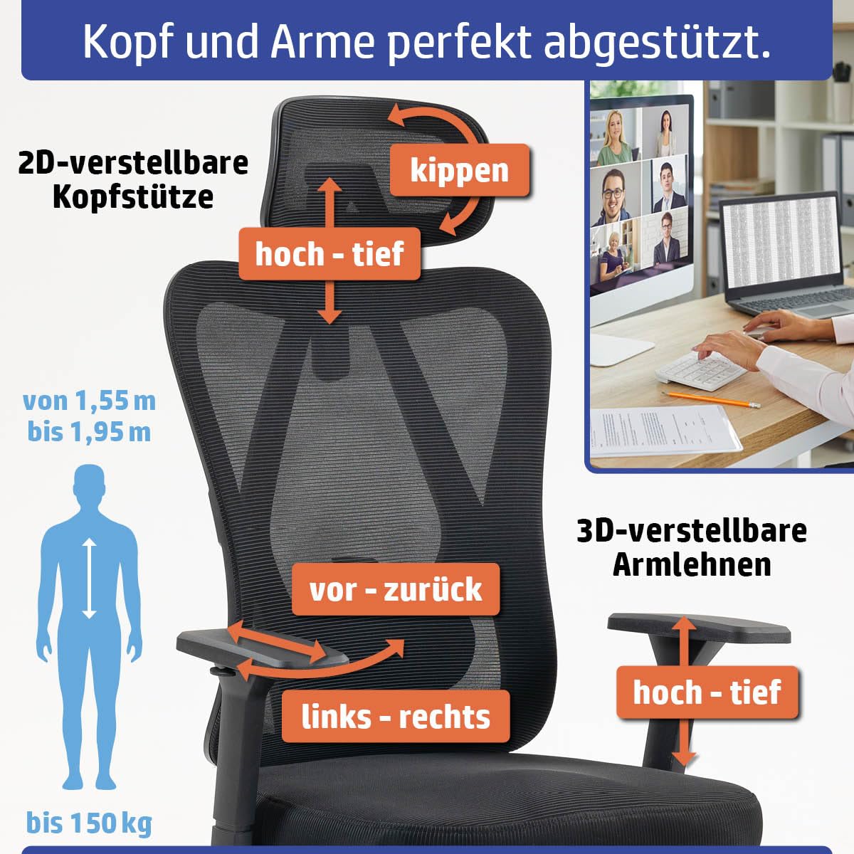 Bürostuhl Schreibtischstuhl | verstellbare Armlehnen & Kopfteil | 6 Modelle | Ergonomisch | stufenlos verstellbare Lendenstütze | inkl. 2 Rollensets | bis 150kg | BackPro Polster-Schwarz