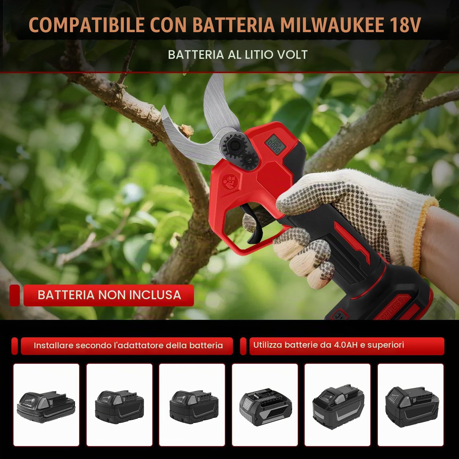 Troncarami a batteria con asta 2 in 1 compatibile con batteria Milwaukee 18 V, diametro di taglio 30 mm, con lama di ricambio per giardinieri e taglio ad albero, prolunga 2 m (senza batteria)