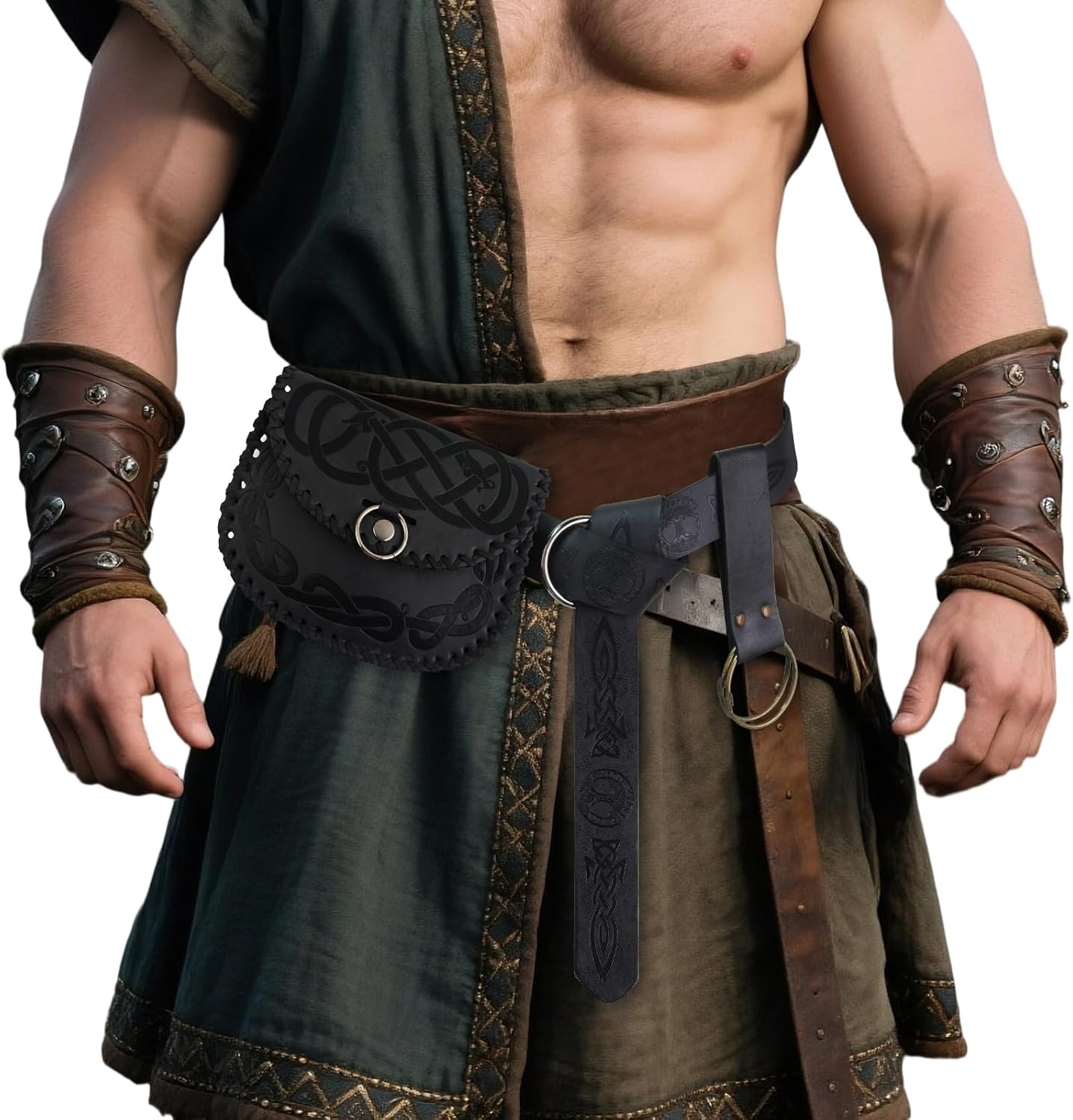 Medieval Viking Belt for Men with Nordic Embossed O Ring Belt Bag, Women Belt Pouch Bag Phone Holder Costume LARP Accessories - Image 2