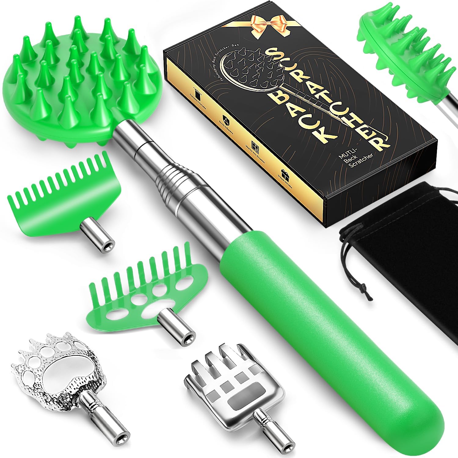 Telescoping Back Scratcher with 5 Detachable Heads, Gift for Men Green