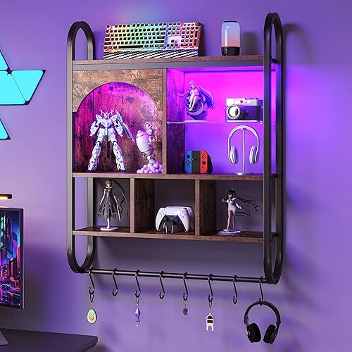 Miniatura 3 de Spacesea Estantes flotantes para juegos de 34 pulgadas con luces LED, estantes de cocina de 4 niveles montados en la pared con 8 ganchos, estante de