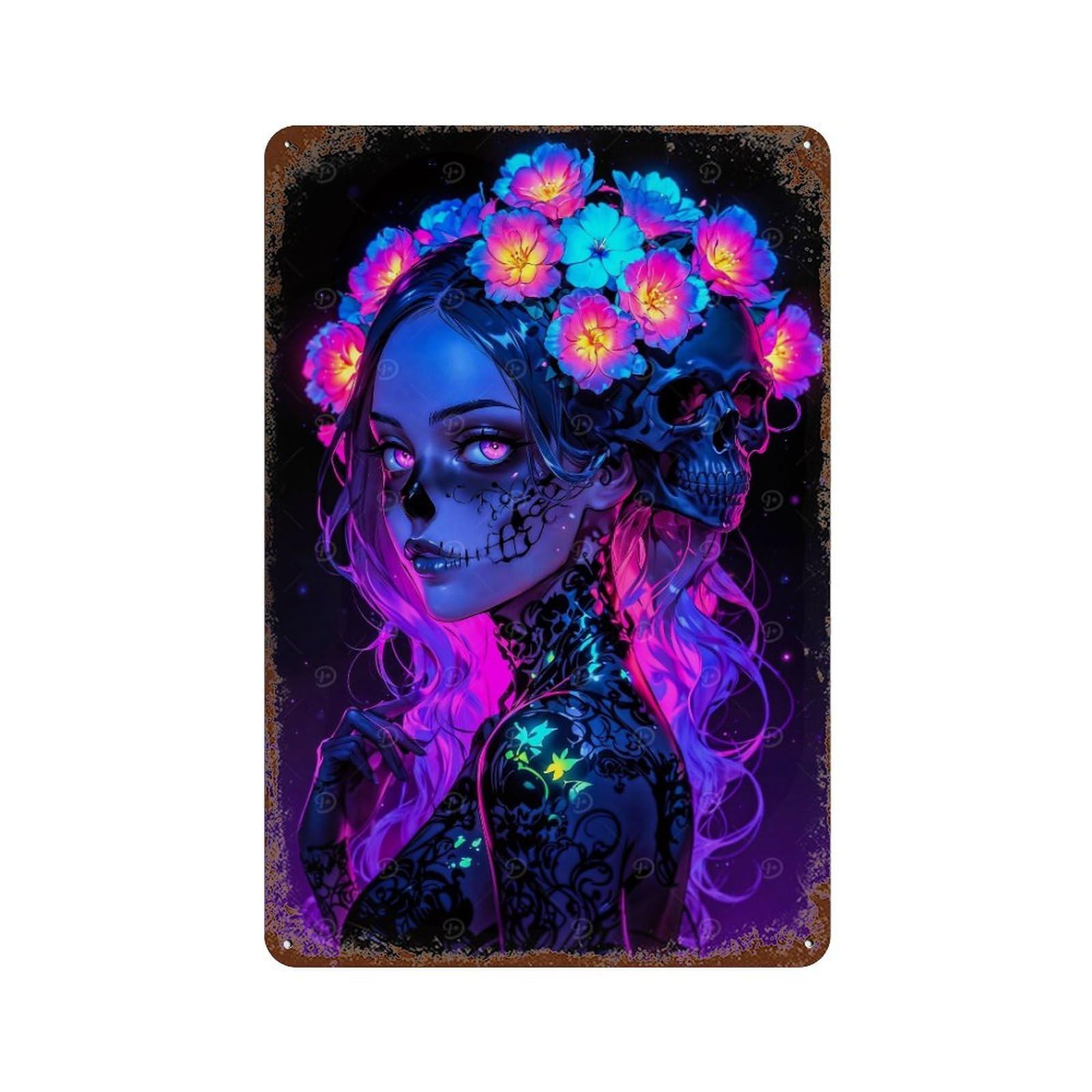 Rust Effect Dark Flower Skull Girl Rusty Metal Tin Sign 11.8"x7.9", Industrial Home Decor for Living Room, Hallway And Home Decor