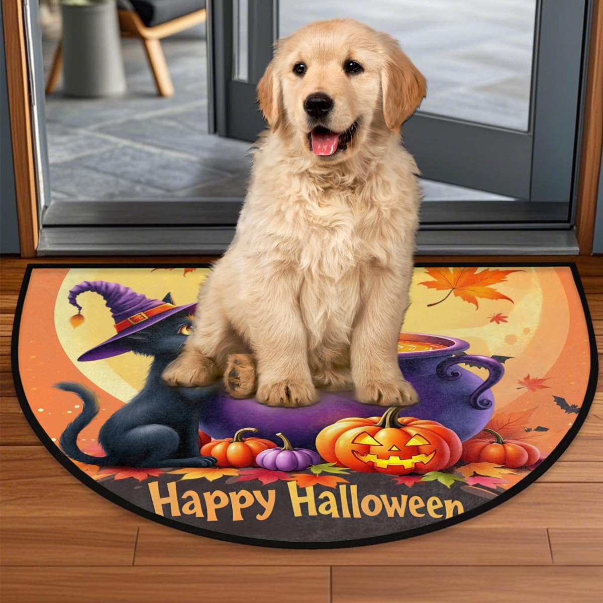cfpolar Half Round Door Mat Cat Halloween Purple Cauldron Non-Slip Semi Circle Area Rug Washable Half Moon Hearth Rugs for Indoor Outdoor Bathroom Kitchen Patio Runner Mat Laundry Room Home Decoration