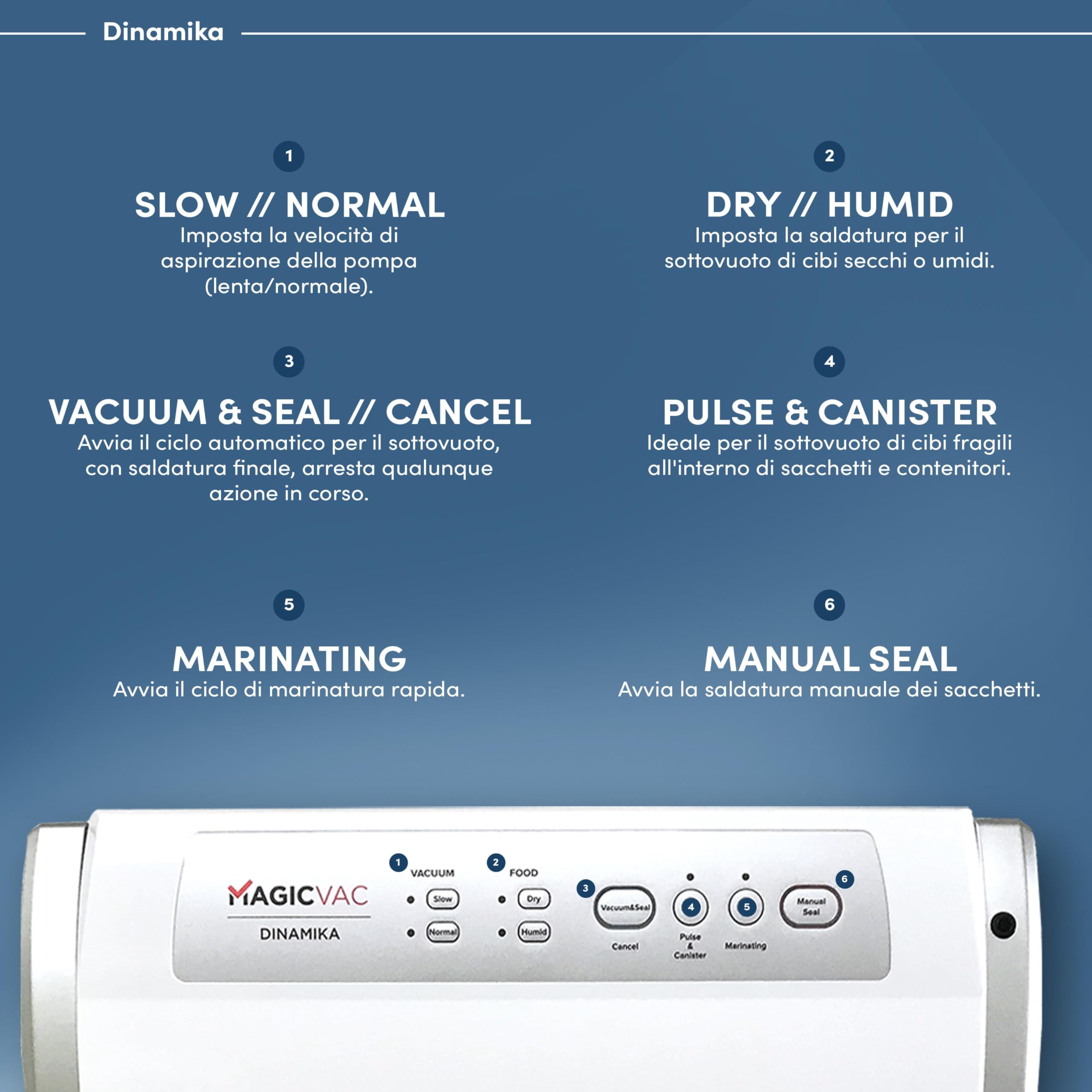 Magic Vac, Dinamika, Macchina Sottovuoto Alimenti Multifunzione Professionale, per Sacchetti Sottovuoto, Contenitori e Marinatura, con Kit Sottovuoto Alimenti, Brevettata, Silver White