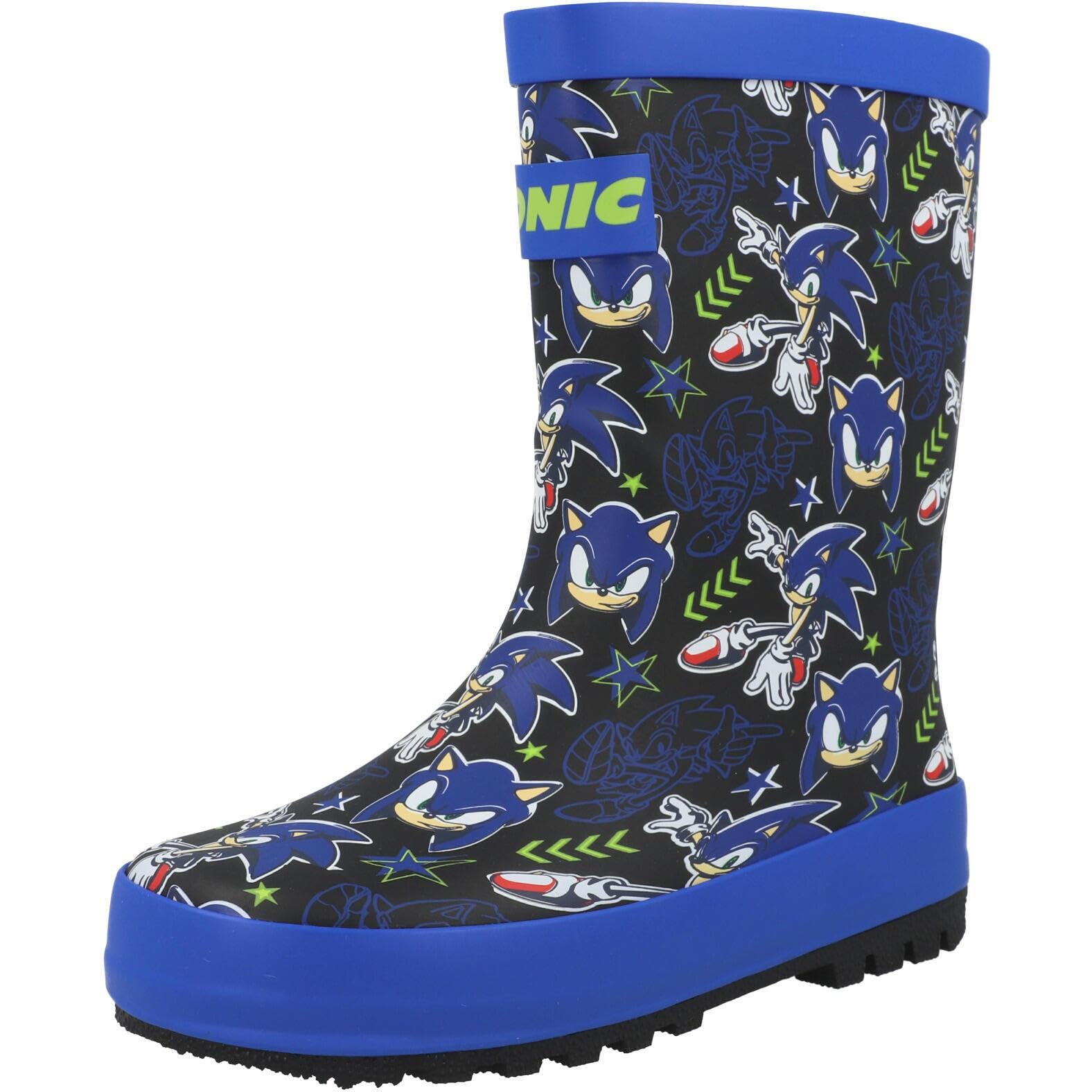 SONIC THE HEDGEHOG Botas de lluvia de goma impermeables con suela de agarre para niños, con licencia oficial, con estampado de personajes azules, botas Wellington para niños, talla 8 a 1