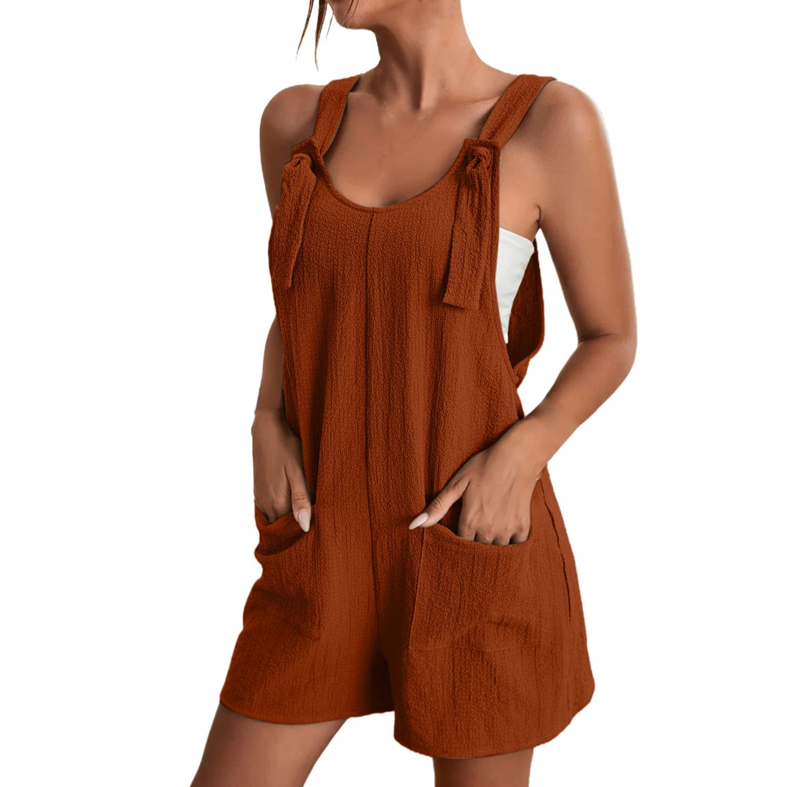 Generisch Mono para mujer, con hombros y cuello en U, con bolsillos, ropa de verano, moda de playa, corte aireado, tirantes, vacaciones, ocio, mono, peto, pantalones, viajes, camping