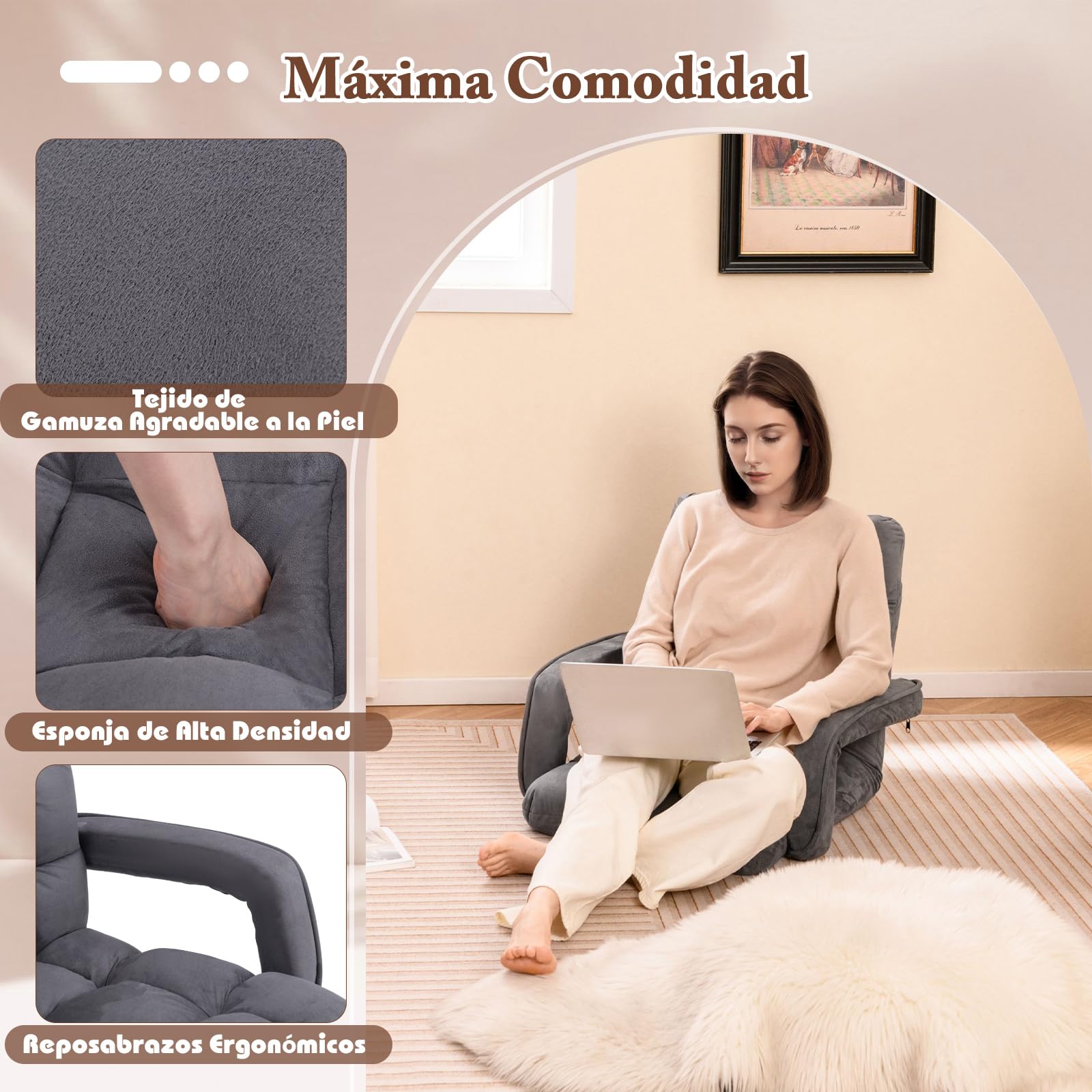 GOPLUS Silla de Suelo Plegable, Sillón con Respaldo Ajustable en 6 Posiciones y Reposabrazos, Sofá de Suelo de Meditación, Lectura para Dormitorio, Salón, Carga 150 KG, Gris
