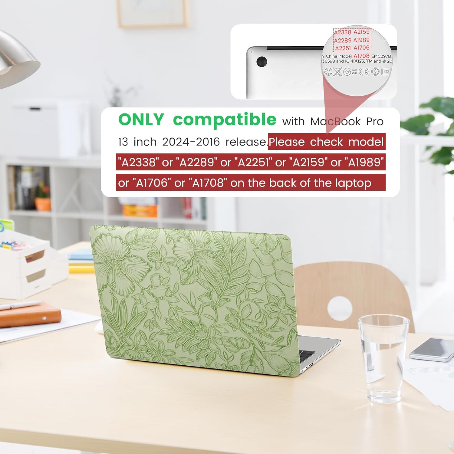 iCasso for MacBook Pro 13 inch Case M2 2024, 2023, 2022-2016 A2338 M1 A2251 A2289 A2159 A1989 A1708 A1706, Retro Leather Hard Shell Case+Keyboard Cover+Screen Protector, Green Embossed Floral - Image 2