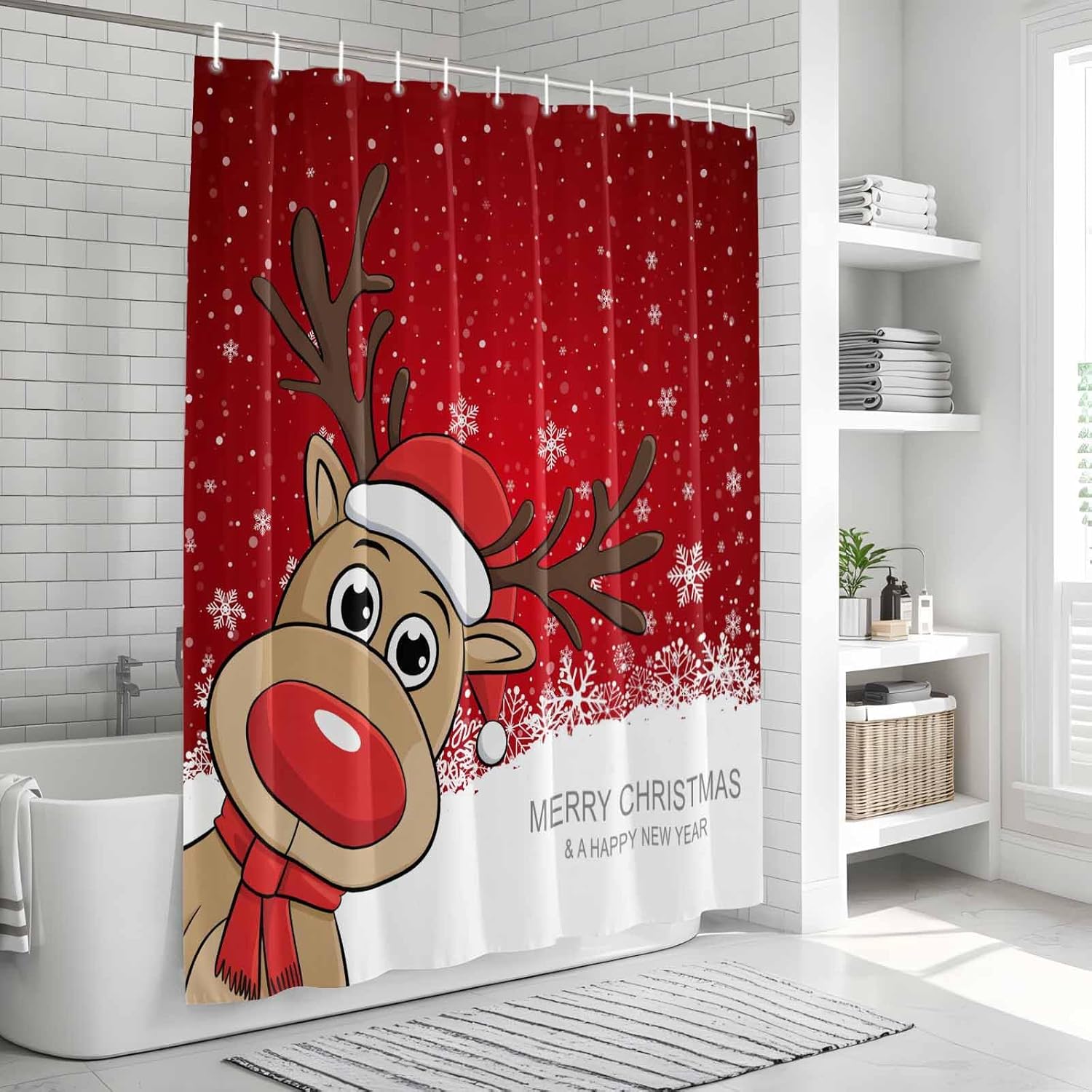 Decration colletion Decor,Bath Decor, Waterproof Polyester Shower Curtain with Christmas Reindeer Merry Christmas Happy New Year