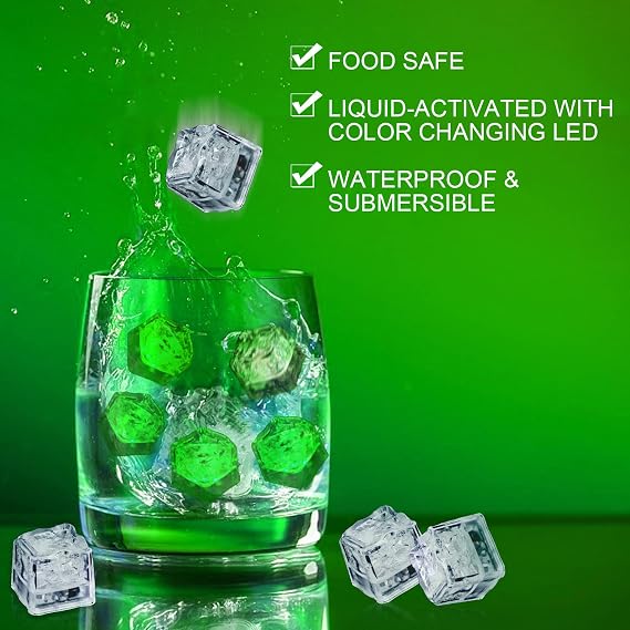 Light Up Ice Cubes Bulk, 200 PCS Green Led Ice Cubes for Drinks with Changing Lights, IP67 Waterproof Reusable Glowing Flashing Ice Cube for Club Bar Party Wedding Decor