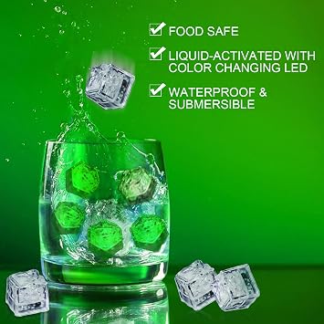 Light Up Ice Cubes Bulk, 200 PCS Green Led Ice Cubes for Drinks with Changing Lights, IP67 Waterproof Reusable Glowing Flashing Ice Cube for Club Bar Party Wedding Decor