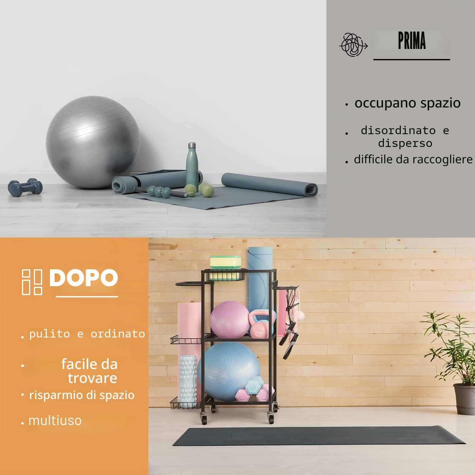 LIANTRAL Rastrelliera per manubri, tappetino da yoga, scaffale per attrezzature da allenamento per manubri, kettlebell, tappetino da yoga e palle, organizer per casa e palestra, con ganci e ruote