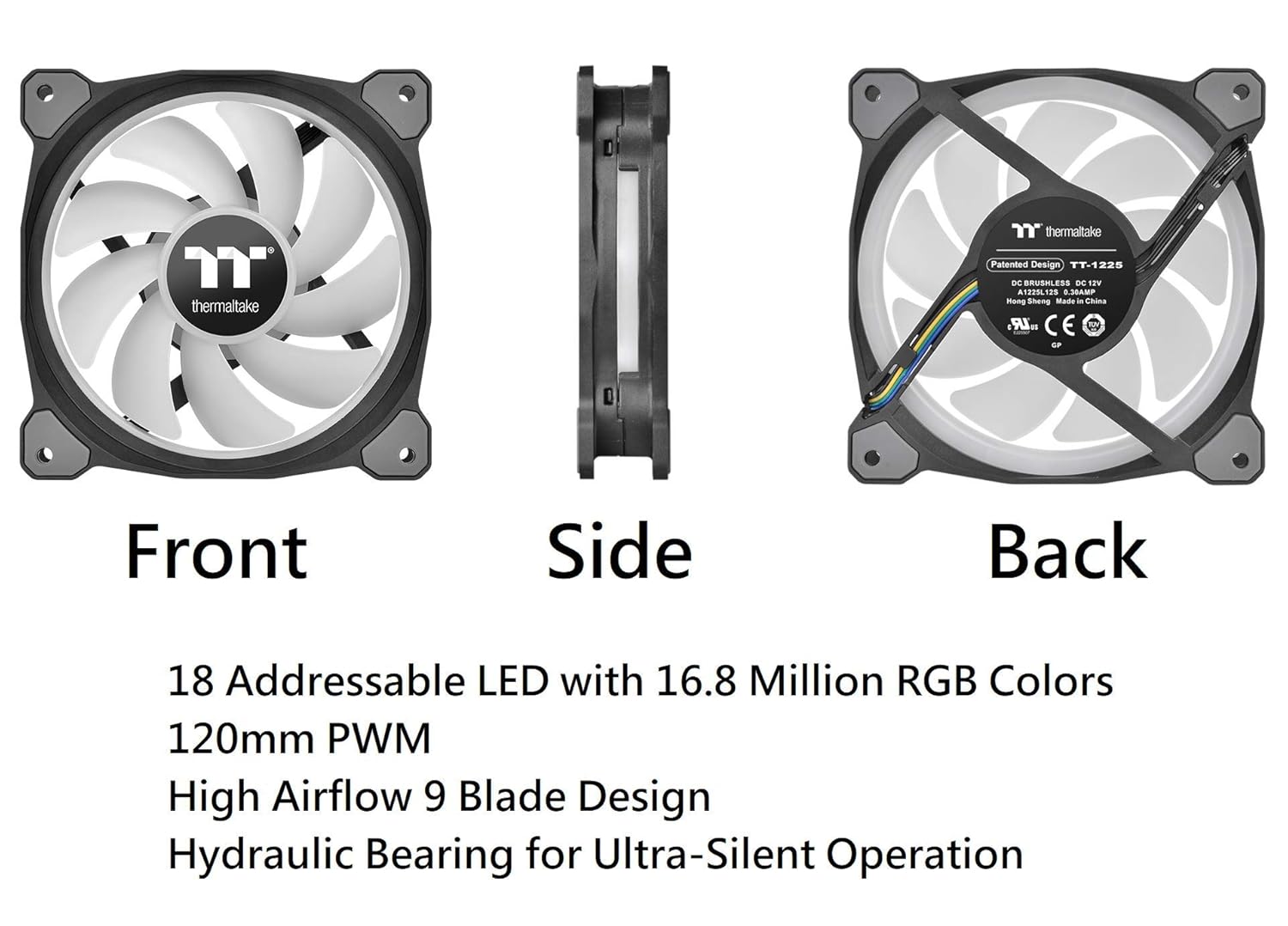 Fronte, lateral e traseira views of the Thermaltake Riing Duo fan, highlighting its 18 addressable LEDs, 140mm PWM, 9-blade design, and hydraulic bearing.