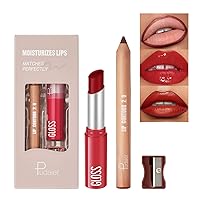 Vista 1 de Juego de 2 lápices labiales y delineador de labios, kit de delineador de labios y brillo de labios para mujeres, lápiz labial mate y lápiz labial
