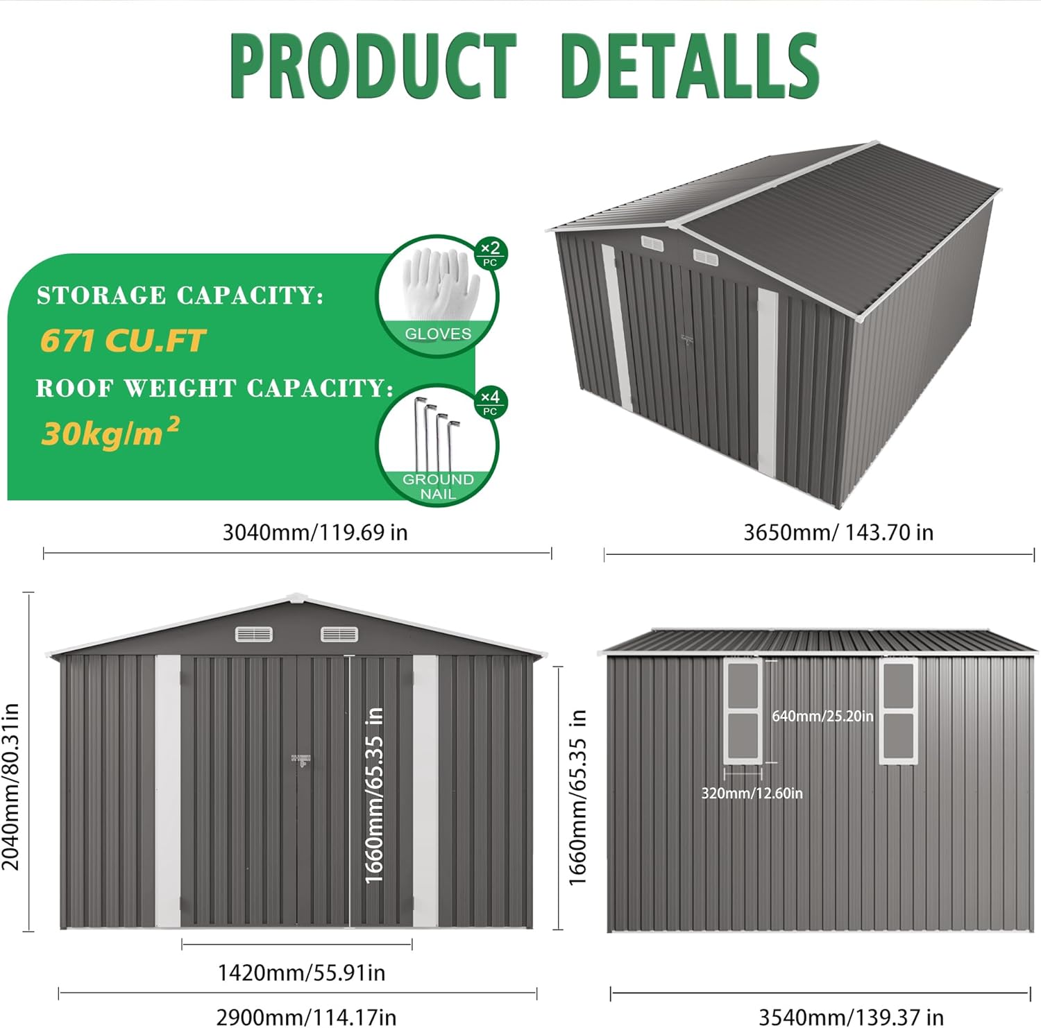 Heavy Duty 10x12 FT Outdoor Metal Storage Shed – Large Garden Tool Shed with Double Door & 2 Windows – Weatherproof Shelter for Bikes, Lawn Mowers & Gardening Tools – Gray