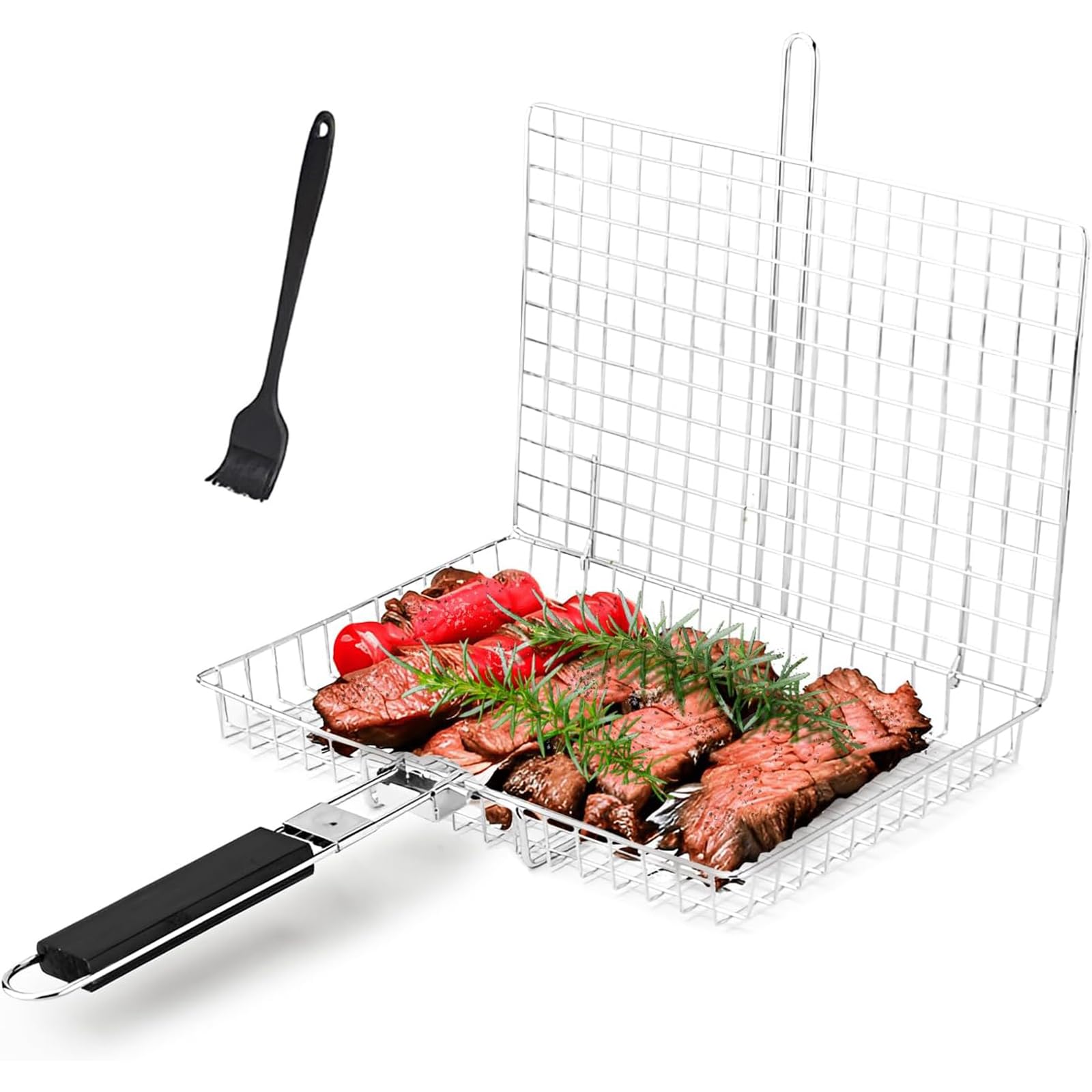 Fisch- und Gemüse-Grillkorb, tragbarer Edelstahl-Grillkorb, zusammenklappbar, Outdoor-Camping, Grillrost für Fisch, Garnelen, Gemüse, Griller, Kochzubehör (schwarz)