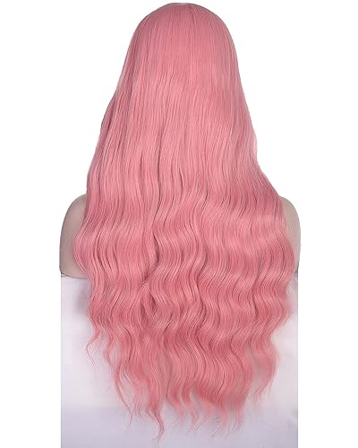 Miniatura 5 de Peluca larga ondulada rosa con flequillo para mujer, resistente al calor, pelucas de pelo sintético para uso diario, eventos de cosplay (rosa)