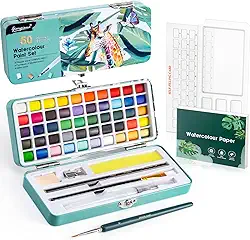 Prudiut Conjunto de Tinta Aquarela, 50 Cores, Kit de Aquarela com Papel, Paleta, Pincéis, Ideal para Adultos, Crianças e Iniciantes