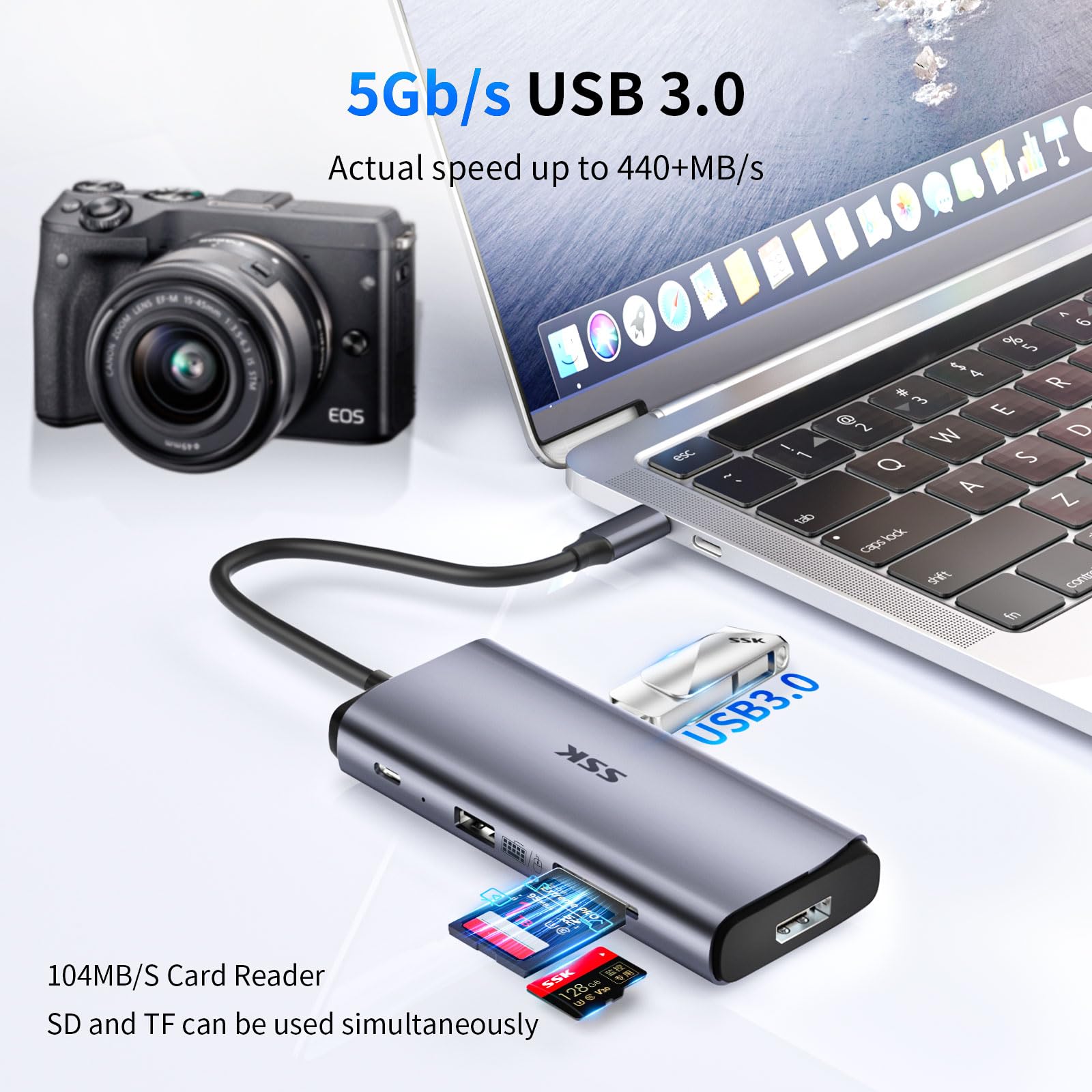 SSK Stacja dokująca USB C, 3 monitory, 9 w 1, pojedyncza stacja dokująca 8K/Dual 4K60Hz, USB C, DisplayPort z 2 portami HDMI, Displayport, 100 W PD, 3 USB, SD/TF, stacja dokująca do laptopa Macbook