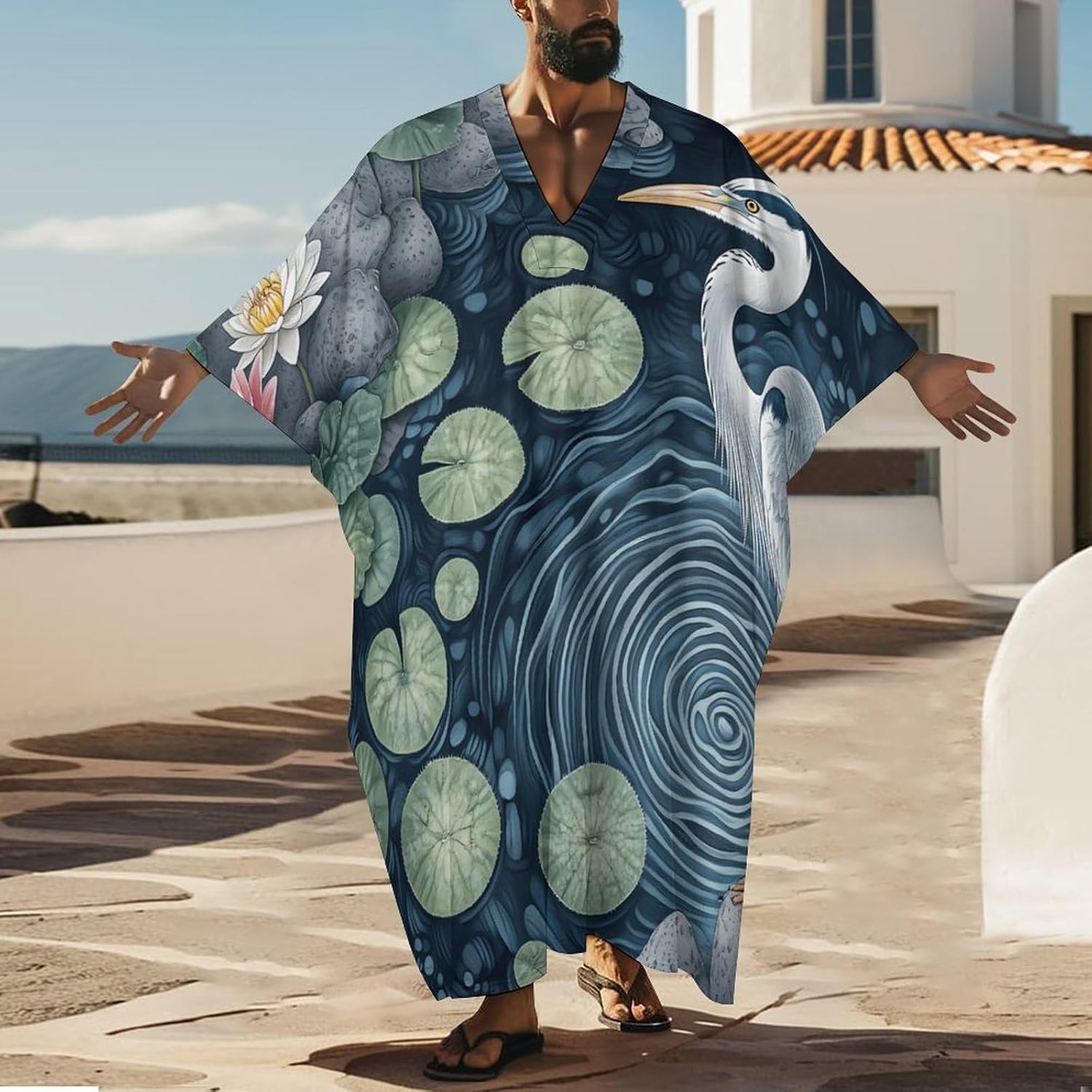 Grey Heron Lotus-Flower Pond Men's Kaftan Thobe V-Neck Long Gown Loose Robe