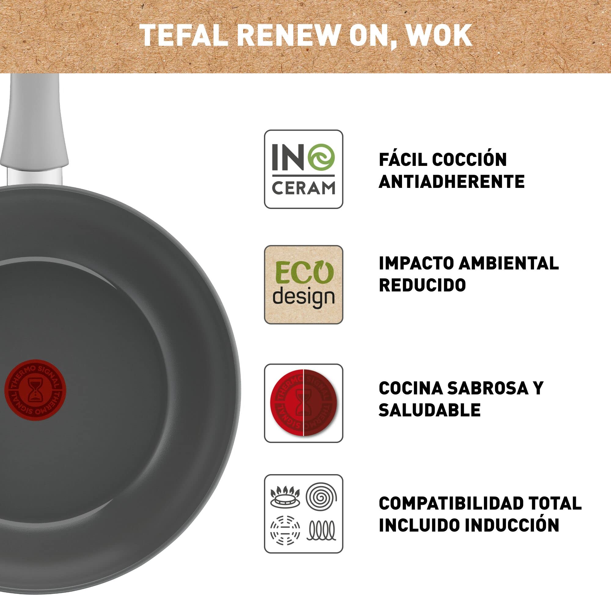 Tefal Renew On – Wok de 28 cm de aluminio 100% reciclado, revestimiento antiadherente cerámico, Thermo-Signal, embalaje 90% reciclado, todo tipo de cocinas, cocina baja en grasas