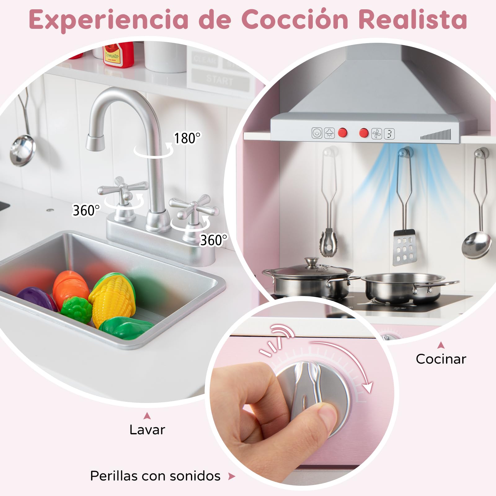 RELAX4LIFE Cocina Juguete con 5 Accesorios y Altura Ajustable 95/99/101cm, Cocinita Infantil con Luces y Sonidos Reales, Espacio de Almacenaje, Cocinita de Madera para Niños 3-8 Años (Rosa-Mini)