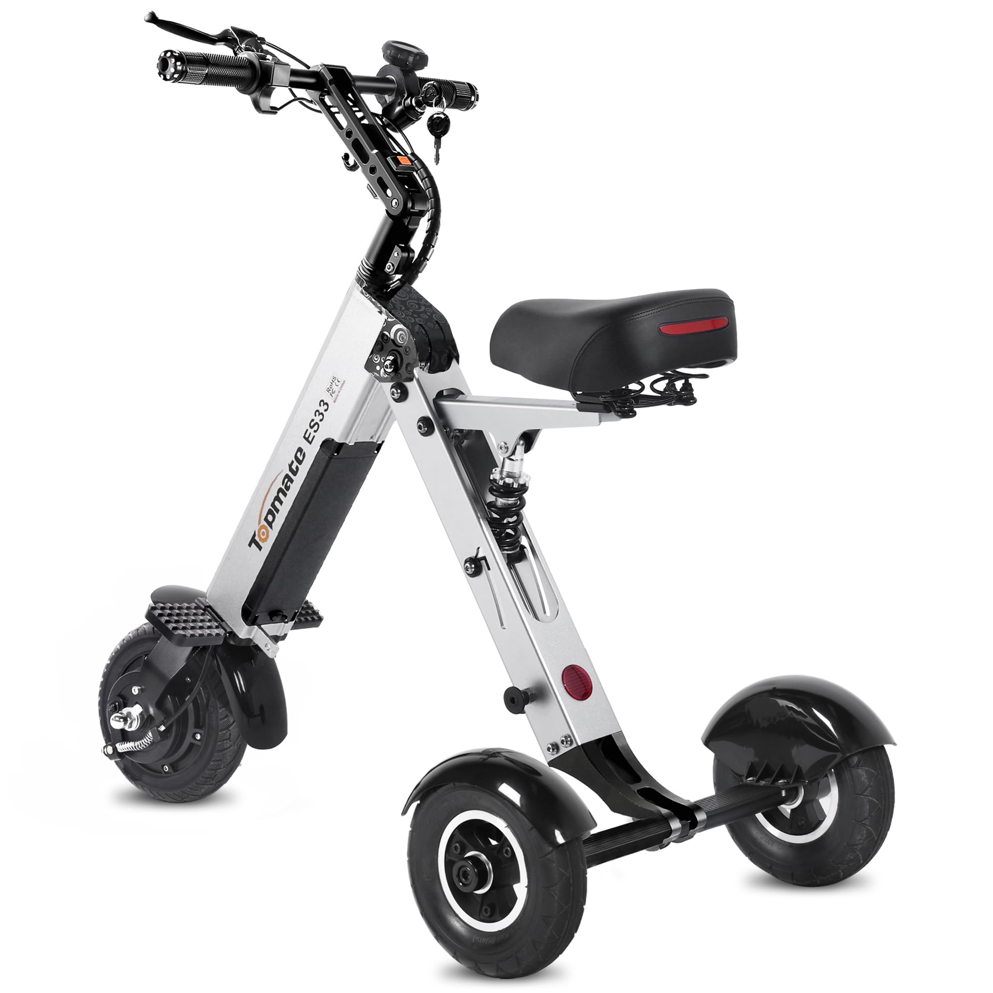 TopMate ES33 Powered Scooter 3 Wheels Foldable Trike with Seat for Adults, Lightweight Electric Scooter with Removable 36V 7.8AH Battery, Reverse Function & Key Switch for Commute and Travel
