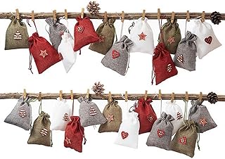 Christmas Advent Calendar 24 Days Burlap Advent Calendar Gift Drawstring Bags Christmas Advent Calendar Bags Set DIY Christmas Embellishments with Clips (Color : Plum 16)
