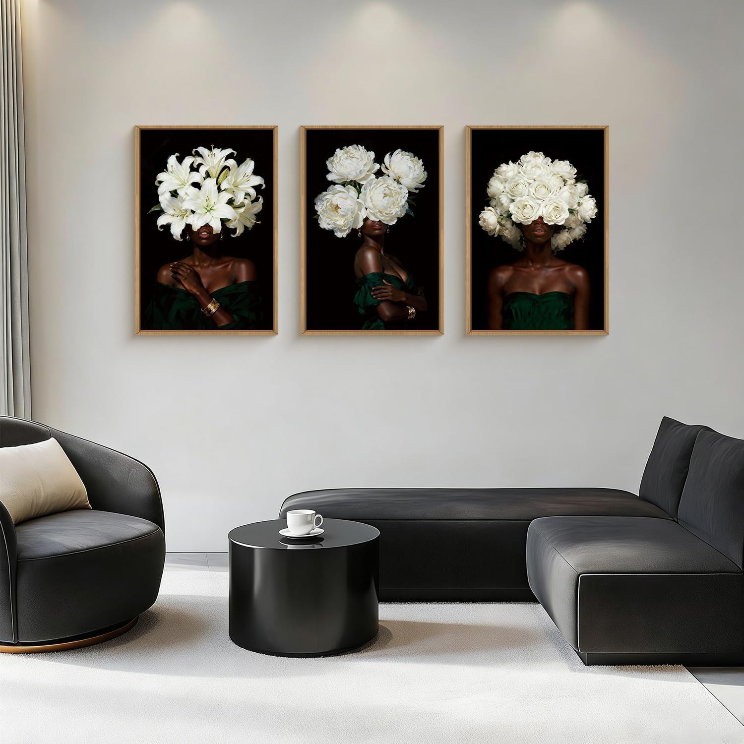 HPINUB Black Woman Framed Canvas Prints Wall Art Set, Abstract White Hydrangea Wall Decor, Vintage African American Girl Art Photos for Living Room, Bedroom, Dining Room, Office, Bathroom - 16x24x3