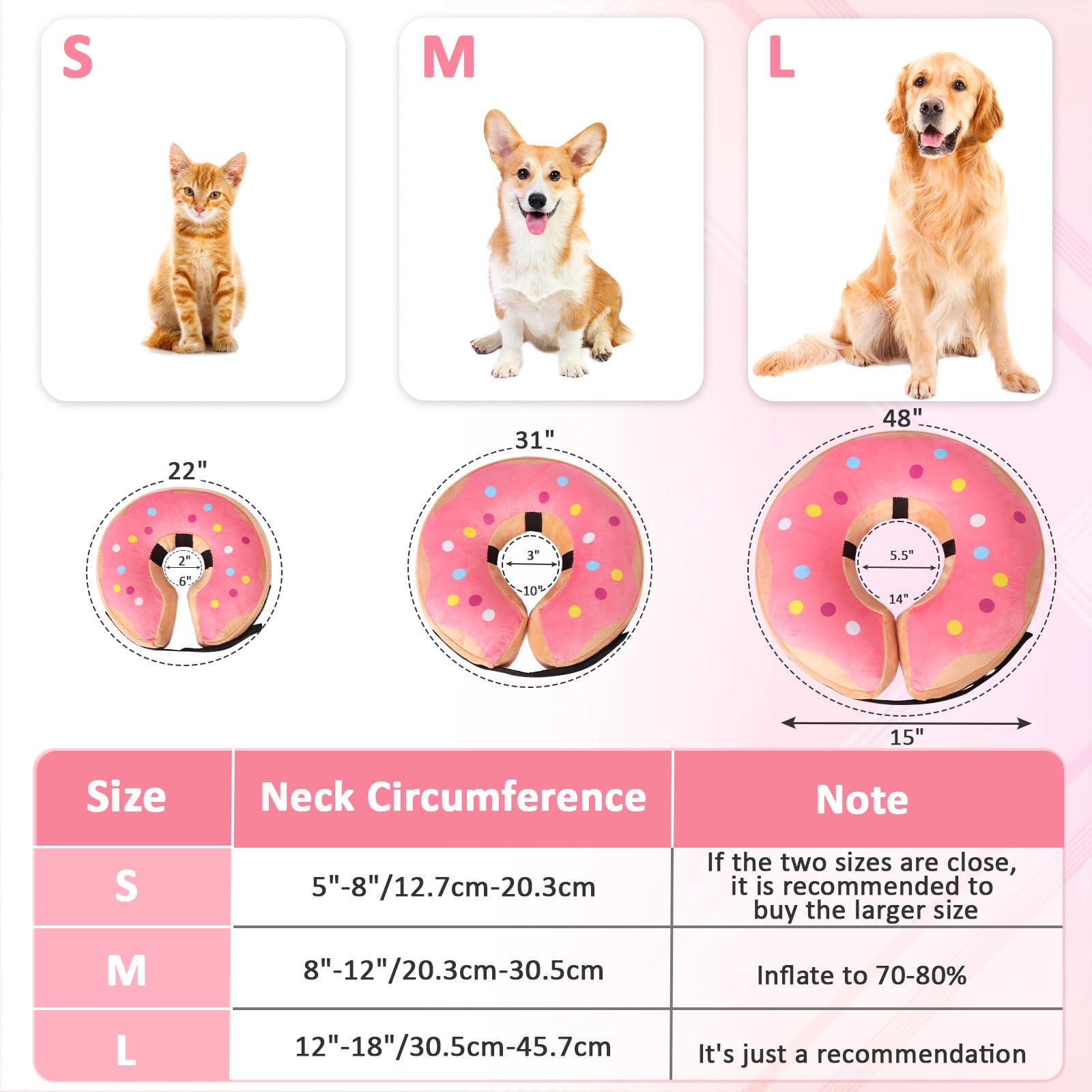 Niuoppy Inflatable Dog Collar for After Surgery Protective Dog Inflatable Recovery Collar Neck Dount Cone for Dogs Cats Prevent Licking (Pattern Pink M) - Image 3