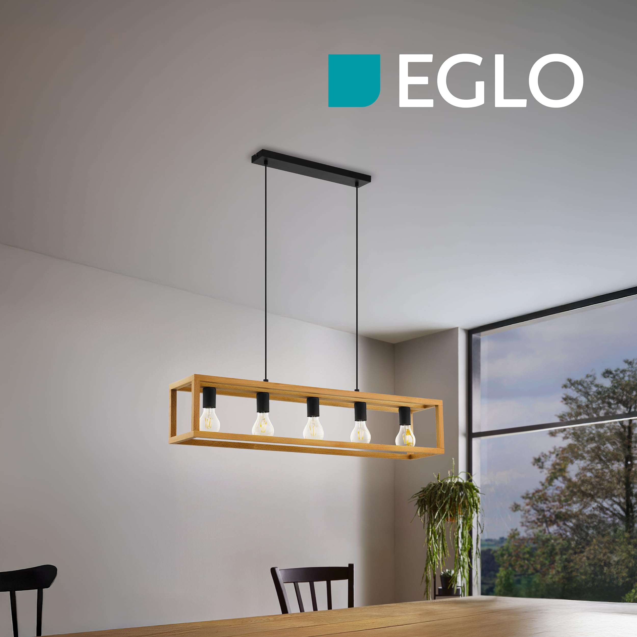 Eglo Suspension luminaire Blackcrown, plafonnier suspendu vintage pour | salle à manger, 3 lampes, lustre salon au design nature, bois clair, douille E27, 100 cm
