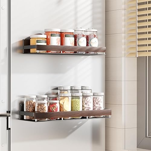 Miniatura 2 de Paquete de 2 organizadores magnéticos de especias de nogal para montaje en pared, para refrigerador, estante de especias magnético, estante para