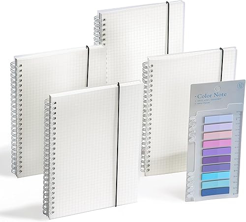 Paquete de 4 cuadernos en espiral, cuaderno de papel cuadriculado encuadernado en espiral y 1 pestaña adhesiva, cuadernos blancos para la escuela,