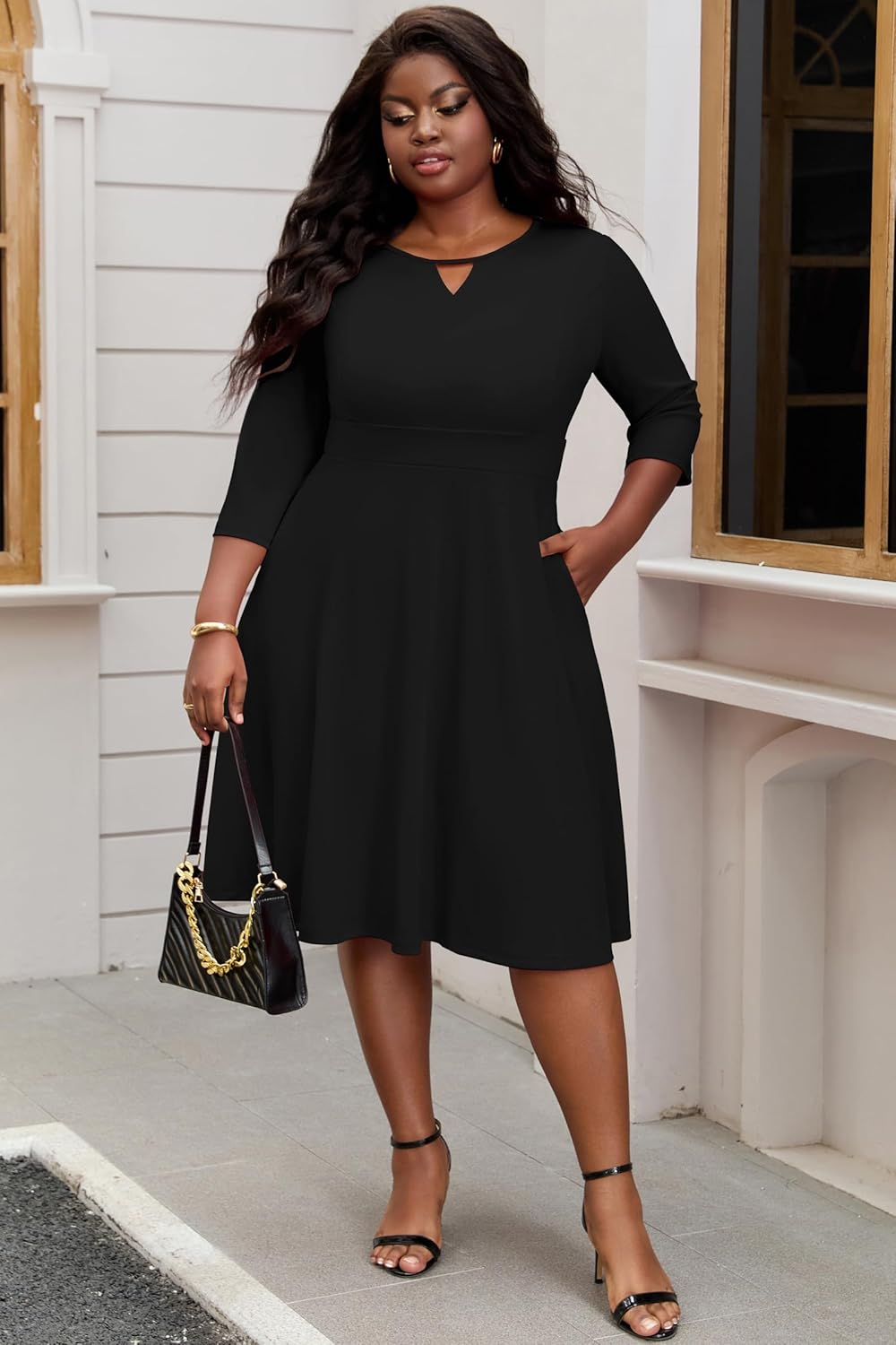 Nmoder Womens Plus Size Cocktail Dress 3/4 Sleeve Church Dresses for Women Midi Work Crewneck Dress with Pockets - Image 4