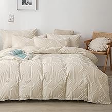 Boho Tufted Comforter Set Queen, Cream Beige Shabby Chic Bedding Set Jacquard Farmhouse Comforter 3 Pieces Soft Cationic Dyeing Microfiber Bedding Set for All Seasons 90"x90"