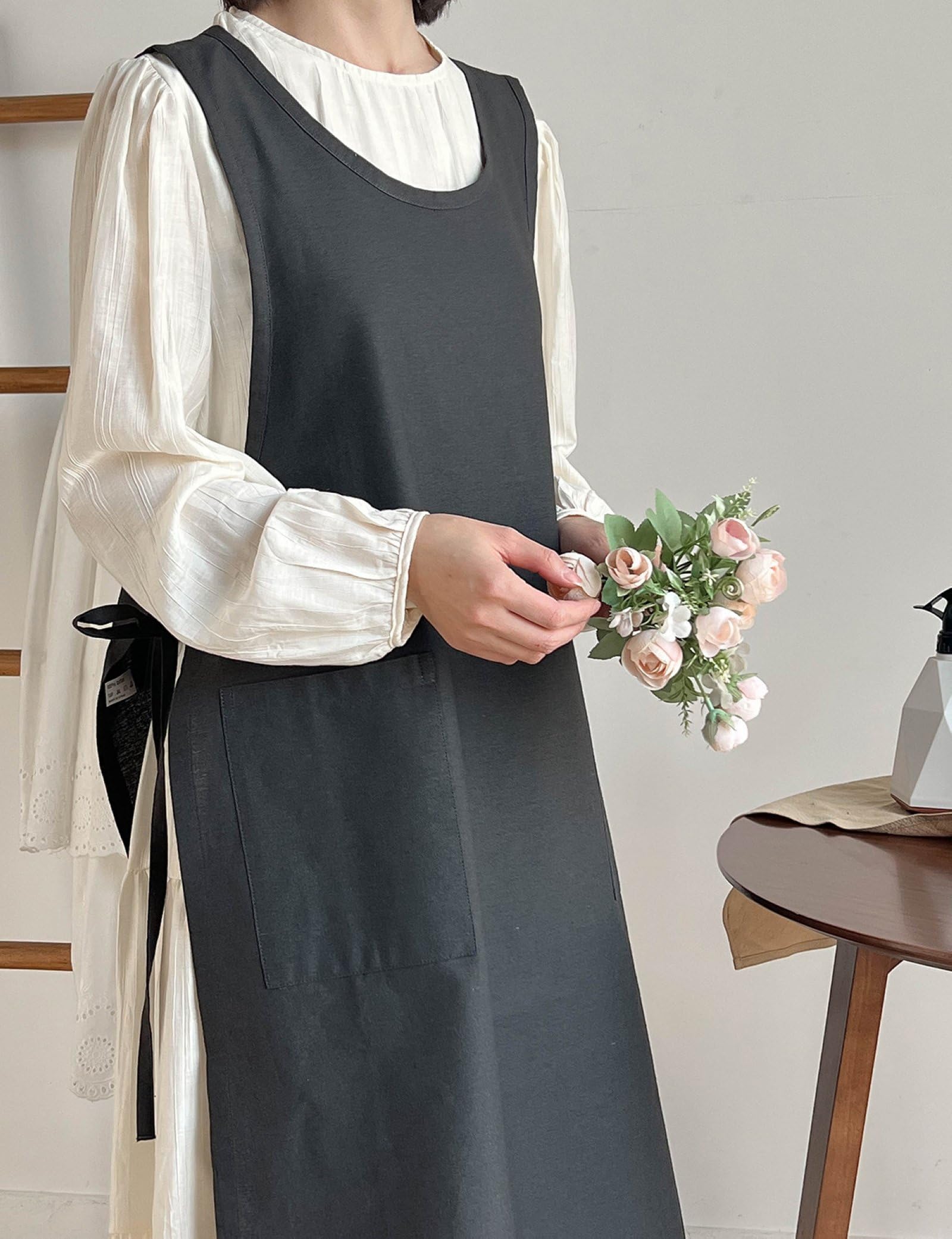 Grembiule In Cotone e Lino Per Donna con Lacci Laterali Scollo Rotondo Casual per Cucinare, Dipingere, Cucinare, Bar