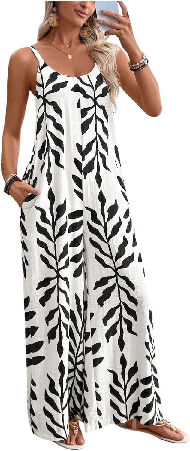 SOLY HUX Boho Wide Leg Jumpsuits for Women Spaghetti Strap Summer Vacation Long Romper with Pockets