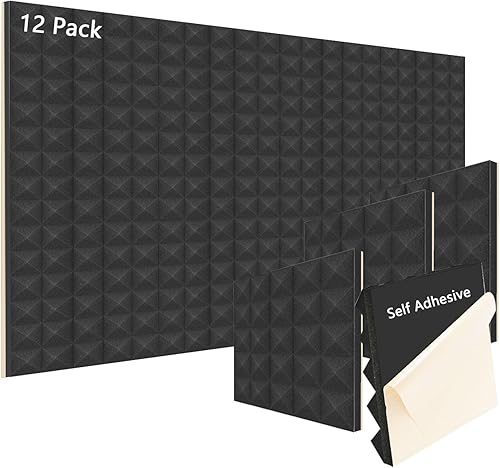 Paquete de 12 paneles autoadhesivos de espuma acústica insonorizados, pirámide de 2 x 12 x 12 pulgadas para tratamiento de absorción de sonido de