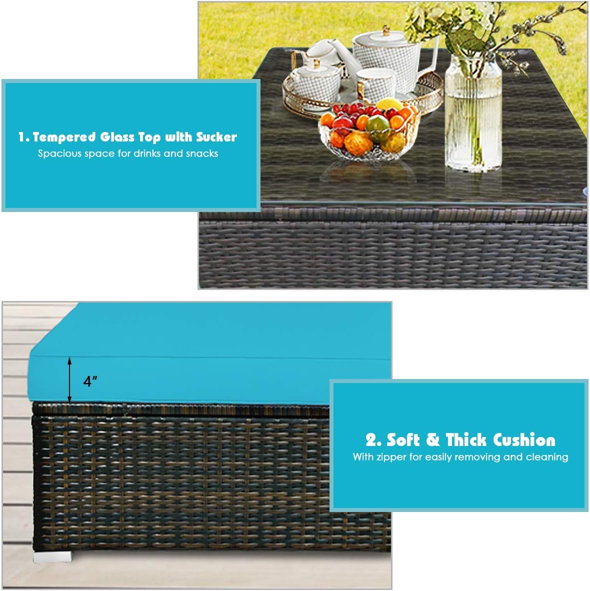 DORTALA 5 Piece Patio Furniture Set, Modular Outdoor Wicker Conversation Set w/Tempered Glass Table, Pillows, Free Combination Cushioned Rattan Sectional Sofa Set for Backyard, Porch, Turquoise