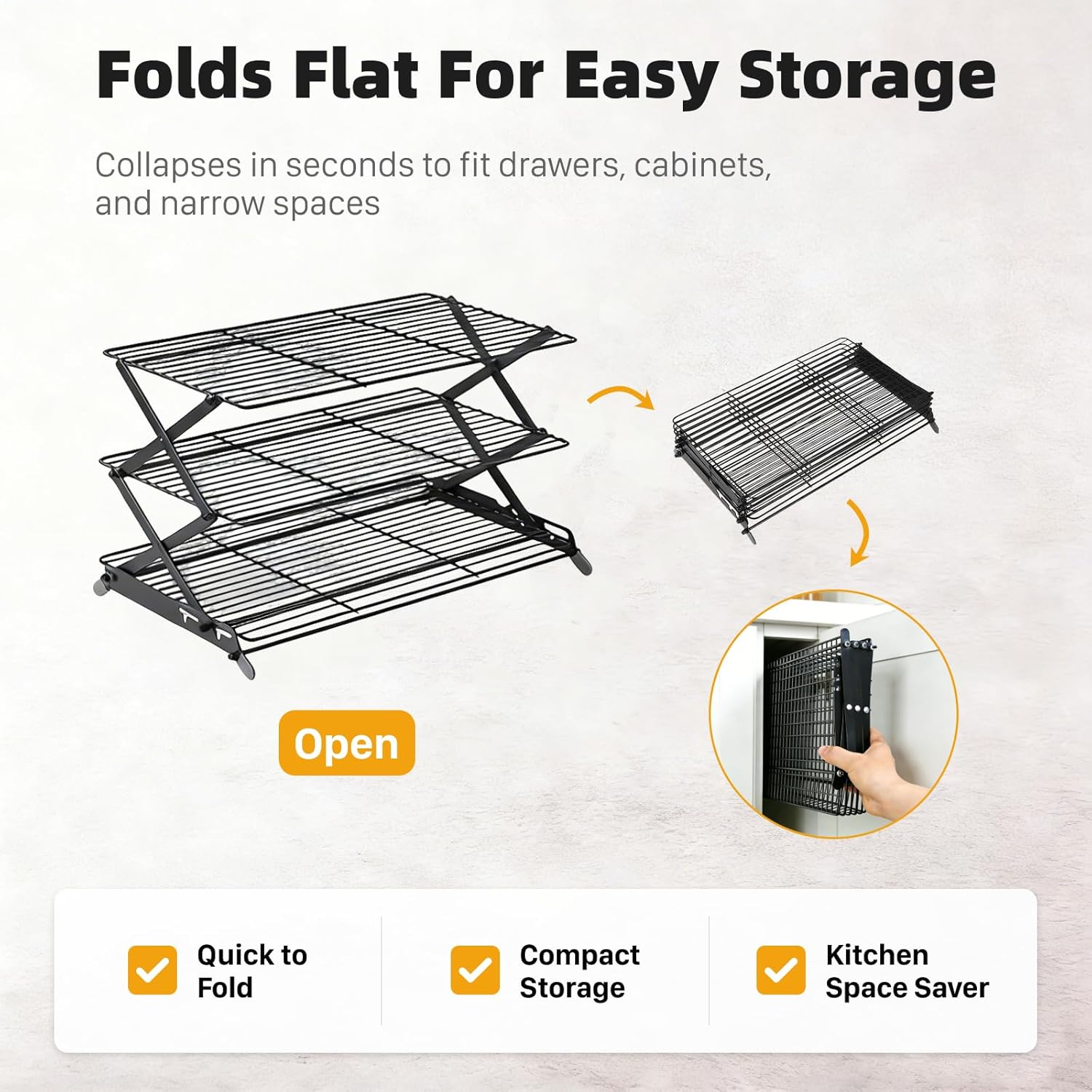 3-Tier Collapsible Cooling Rack - Adjustable & Stackable Wire Baking Rack with Stable X-Leg Design, Space-Saving Cooling Racks for Cooking, Baking Cookies, Cakes, Roasting & Drying (Black)