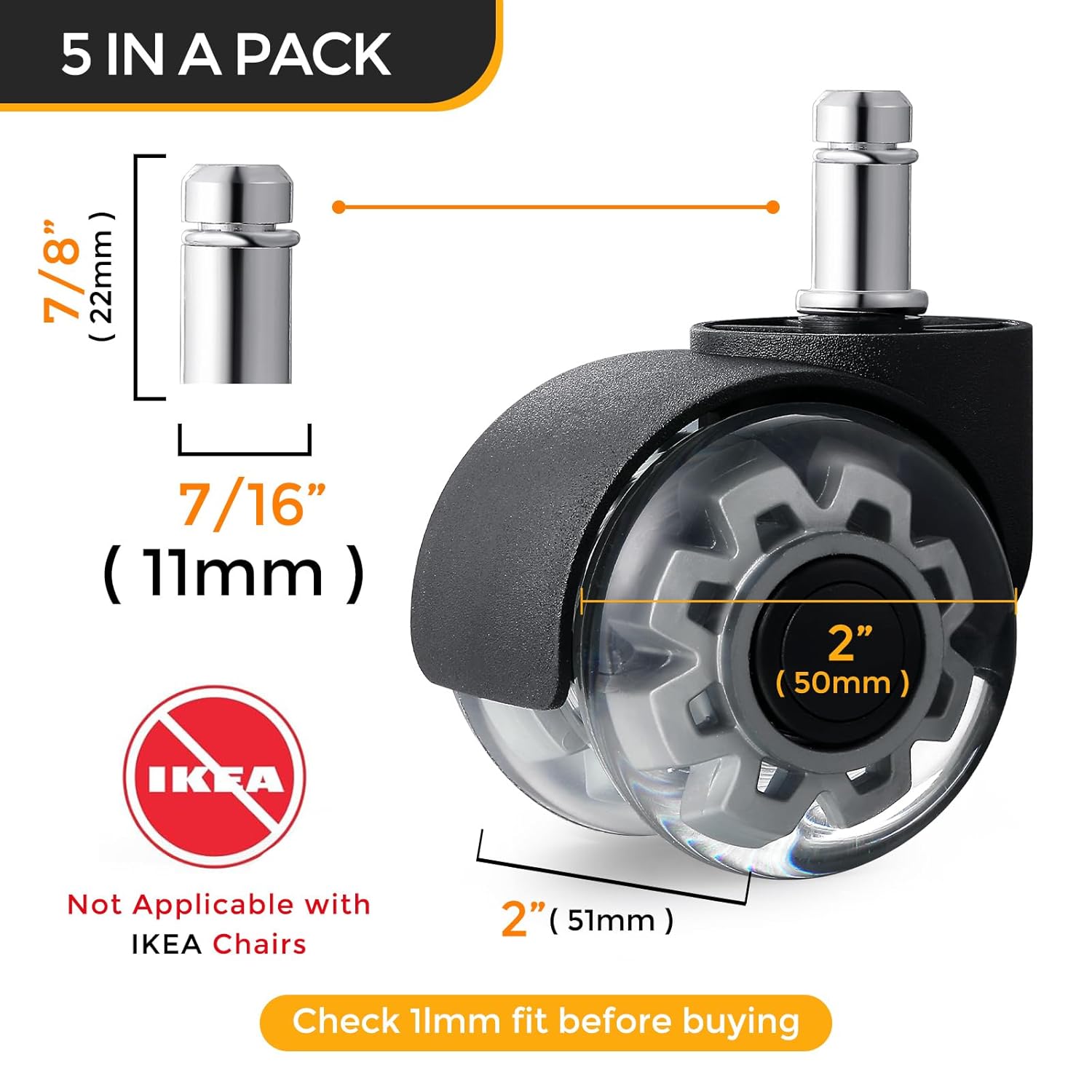 2-Inch Heavy Duty Office Chair Casters Replacement, Universal Stem Fits 99% of Chairs, Smooth & Silent Roll, No Floor Marks, Safe for All Floor Types,Supports 2000 lbs，Set of 5。