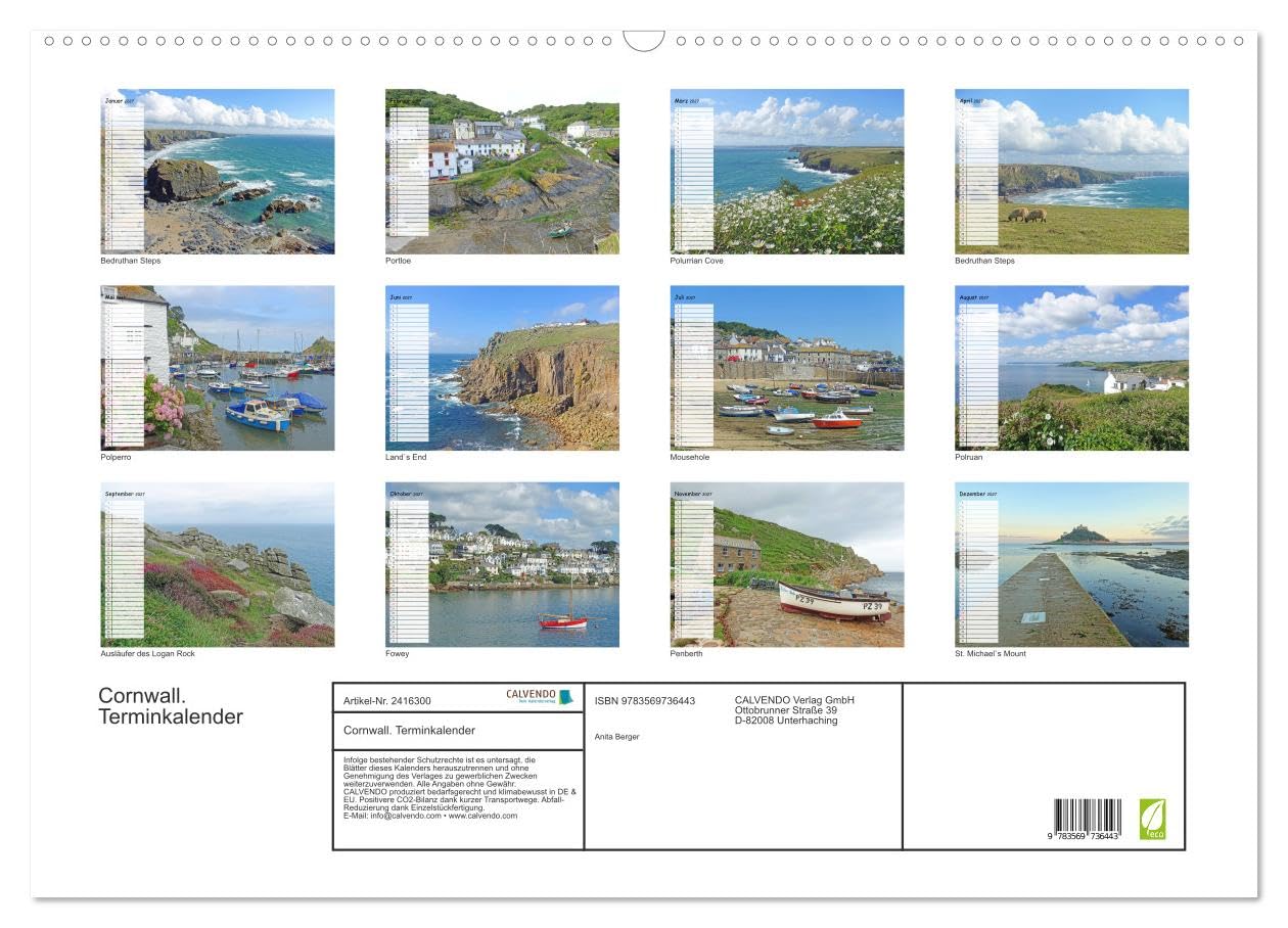 CALVENDO - Cornwall. Terminkalender (Wandkalender 2027 DIN A2 quer), Monatskalender: Malerische Küste und Fischerdörfer