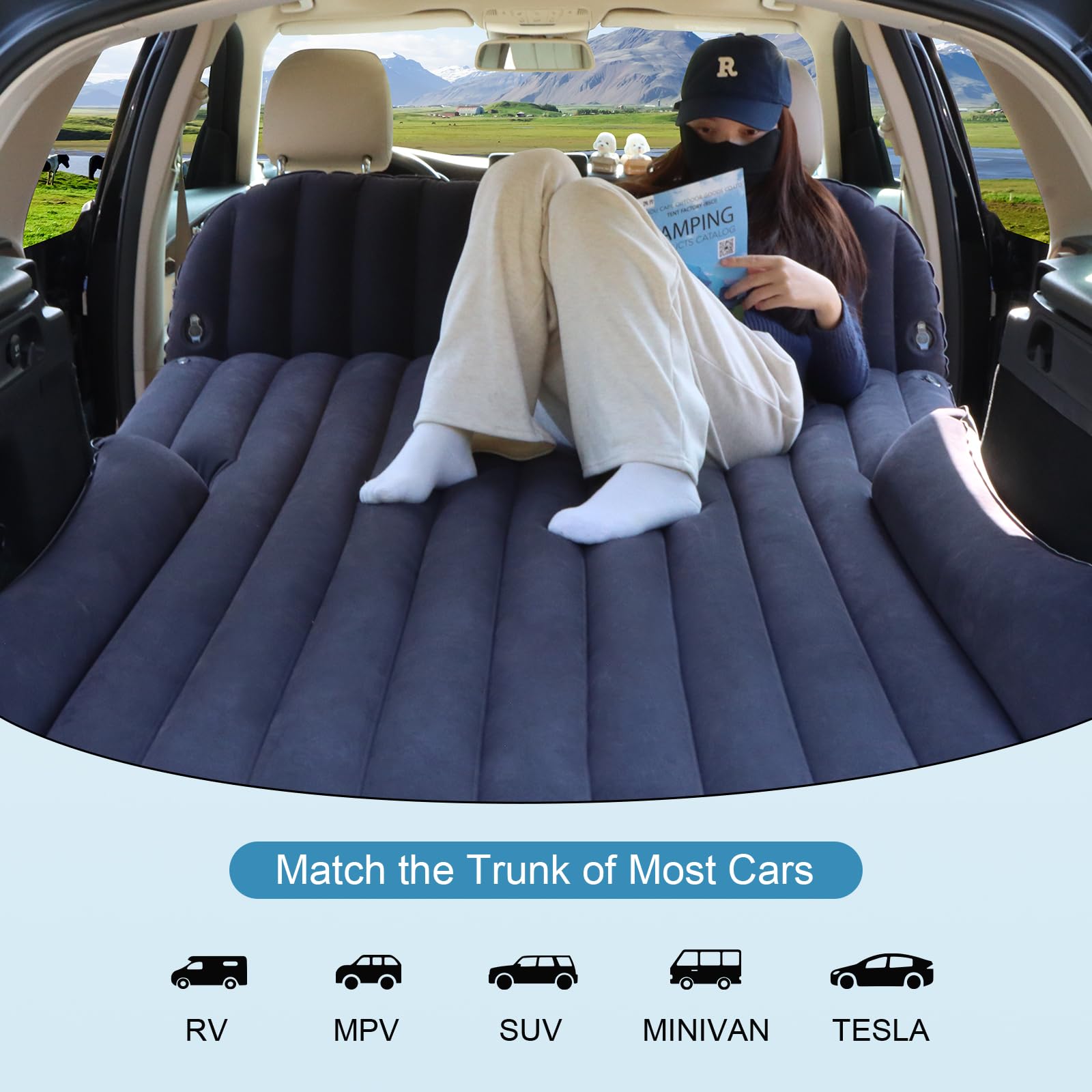 Ciremiv Auto Matratze mit Doppelseitiger, Dicker Beflockung,Auto Luftmatratze mit Pumpe und Eingebautem Kissen/Auslaufsichere, Bequeme, Langlebige Autobett,Car Bed für Autocamping, Roadtrip